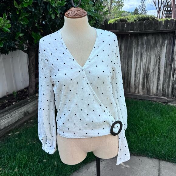 The Line Of Style Wrap Style White Black Polka Dot Blouse Women's Size Medium - Picture 1 of 13